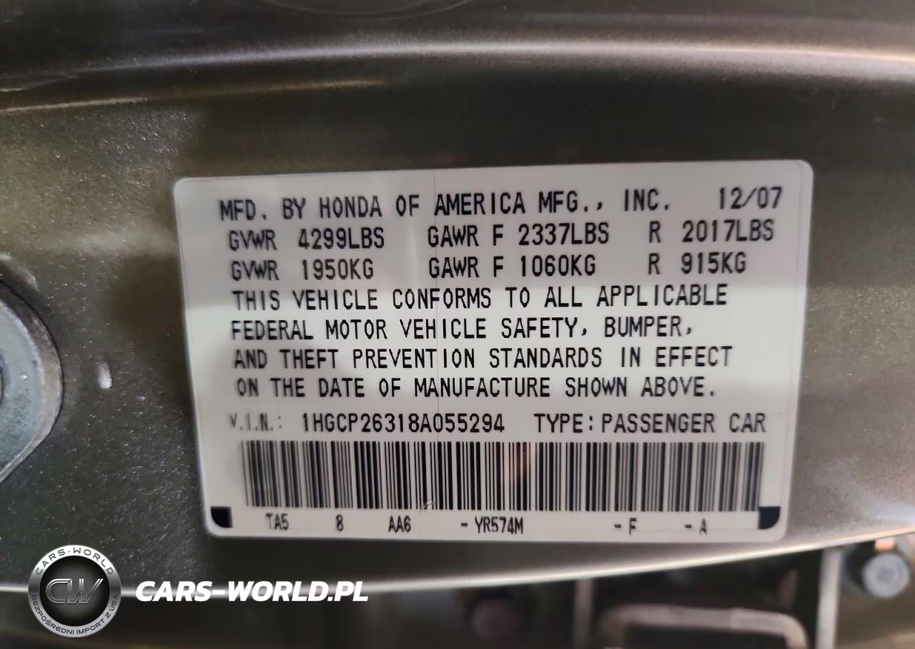 2008 Honda Accord Lx VIN:1HGCP26318A055294 - 12