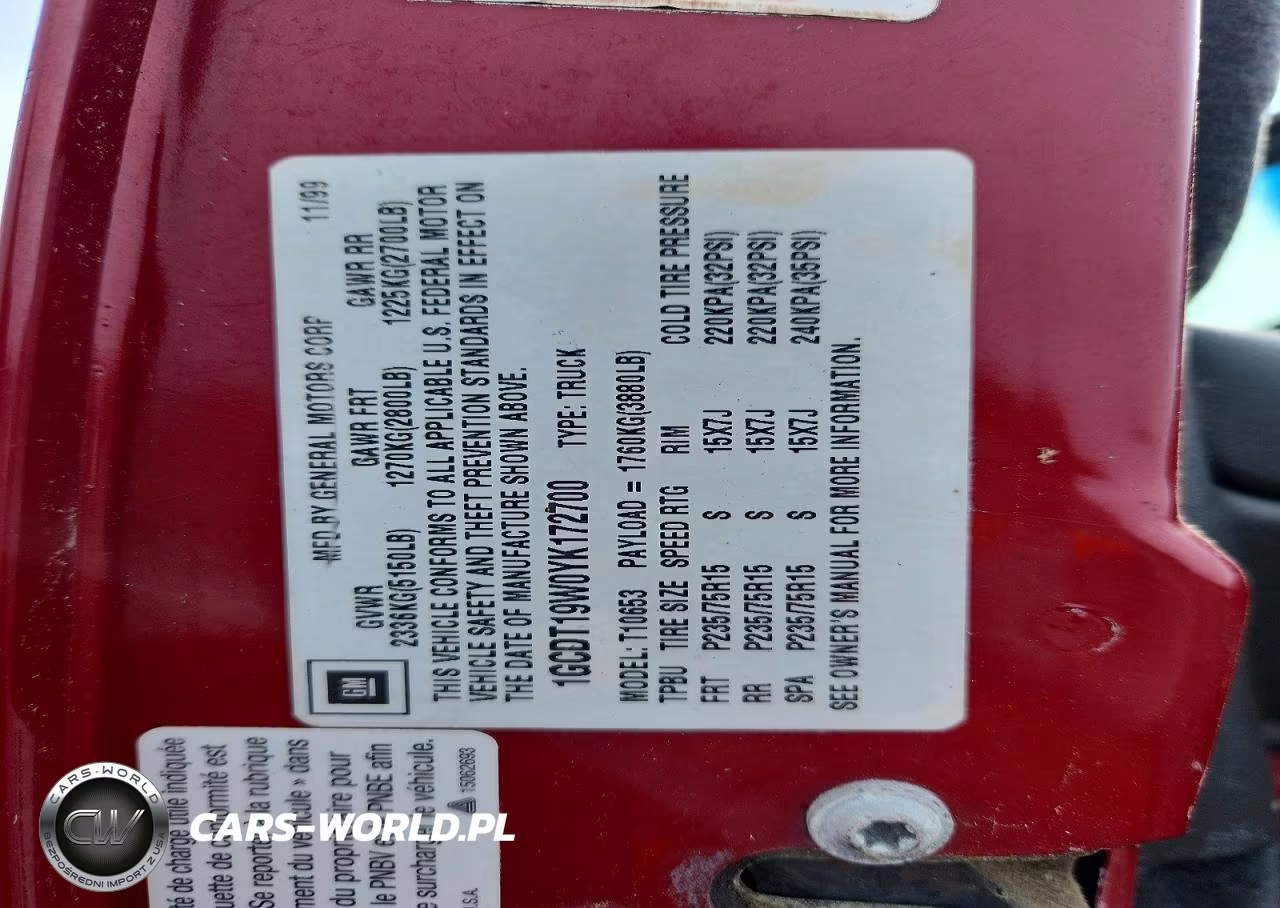 2000 Chevrolet S Truck S10 VIN:1GCDT19W0YK172700 - 12