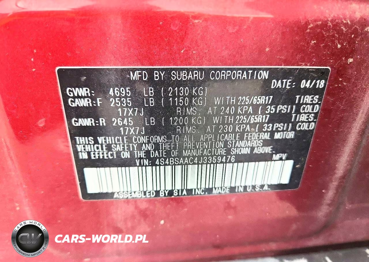 2018 Subaru Outback 2.5I VIN:4S4BSAAC4J3359476 - 13