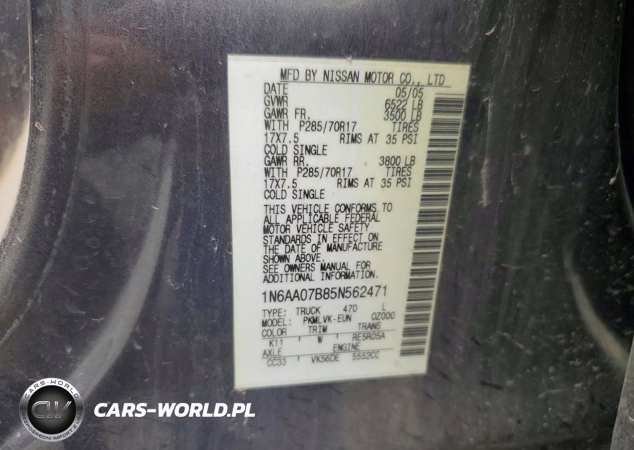 2005 Nissan Titan Xe VIN:1N6AA07B85N562471 - 12