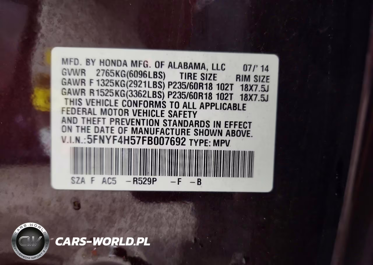 2015 HONDA PILOT EXL VIN:5FNYF4H57FB007692 - 13