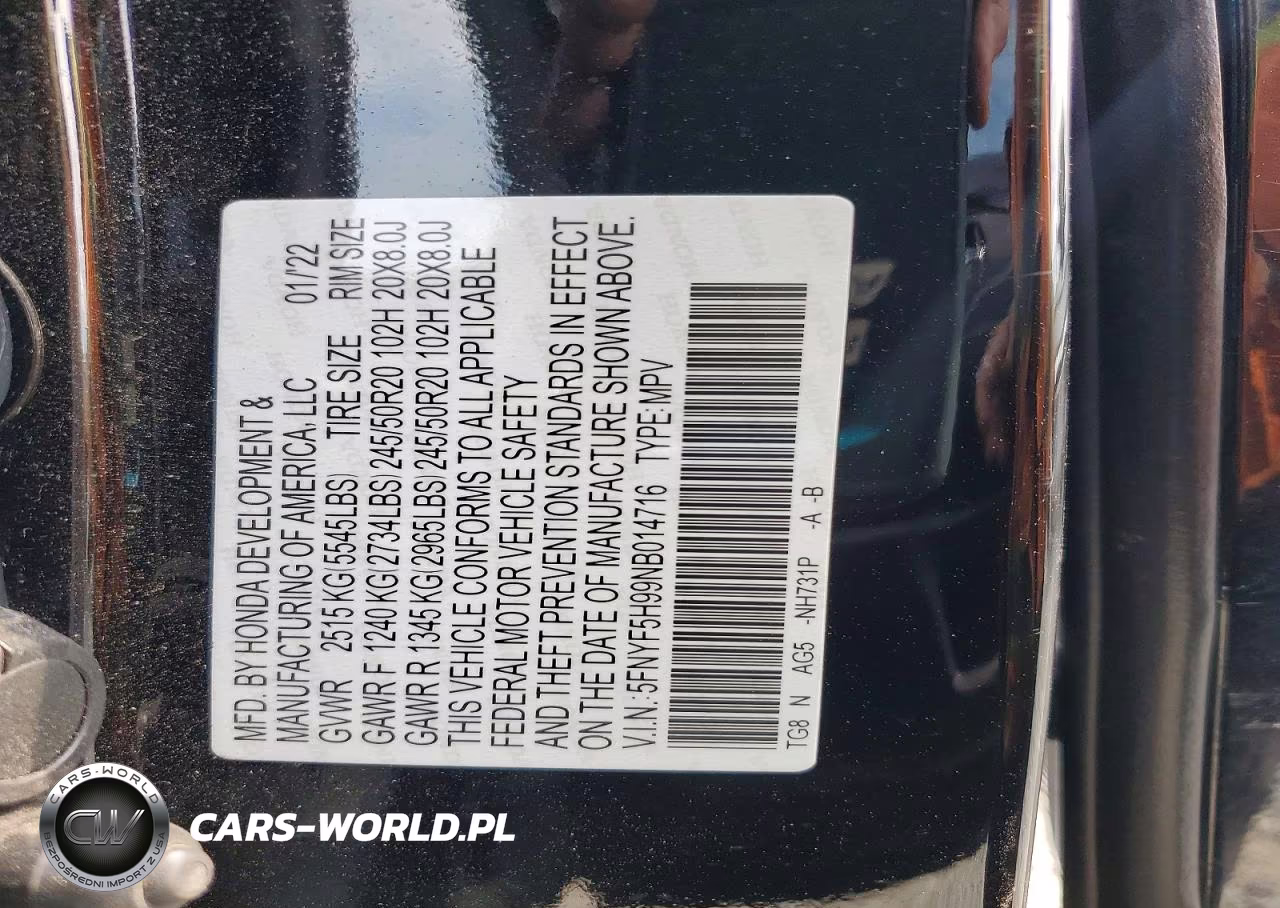 2022 Honda Pilot Touring VIN:5FNYF5H99NB014716 - 13