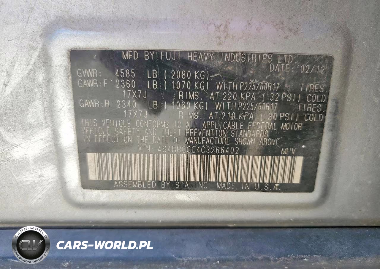 2012 Subaru Outback 2.5I Premium VIN:4S4BRCCC4C3266402 - 12