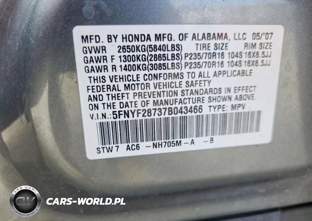 2007 Honda Pilot Exl VIN:5FNYF28737B043466 - 13