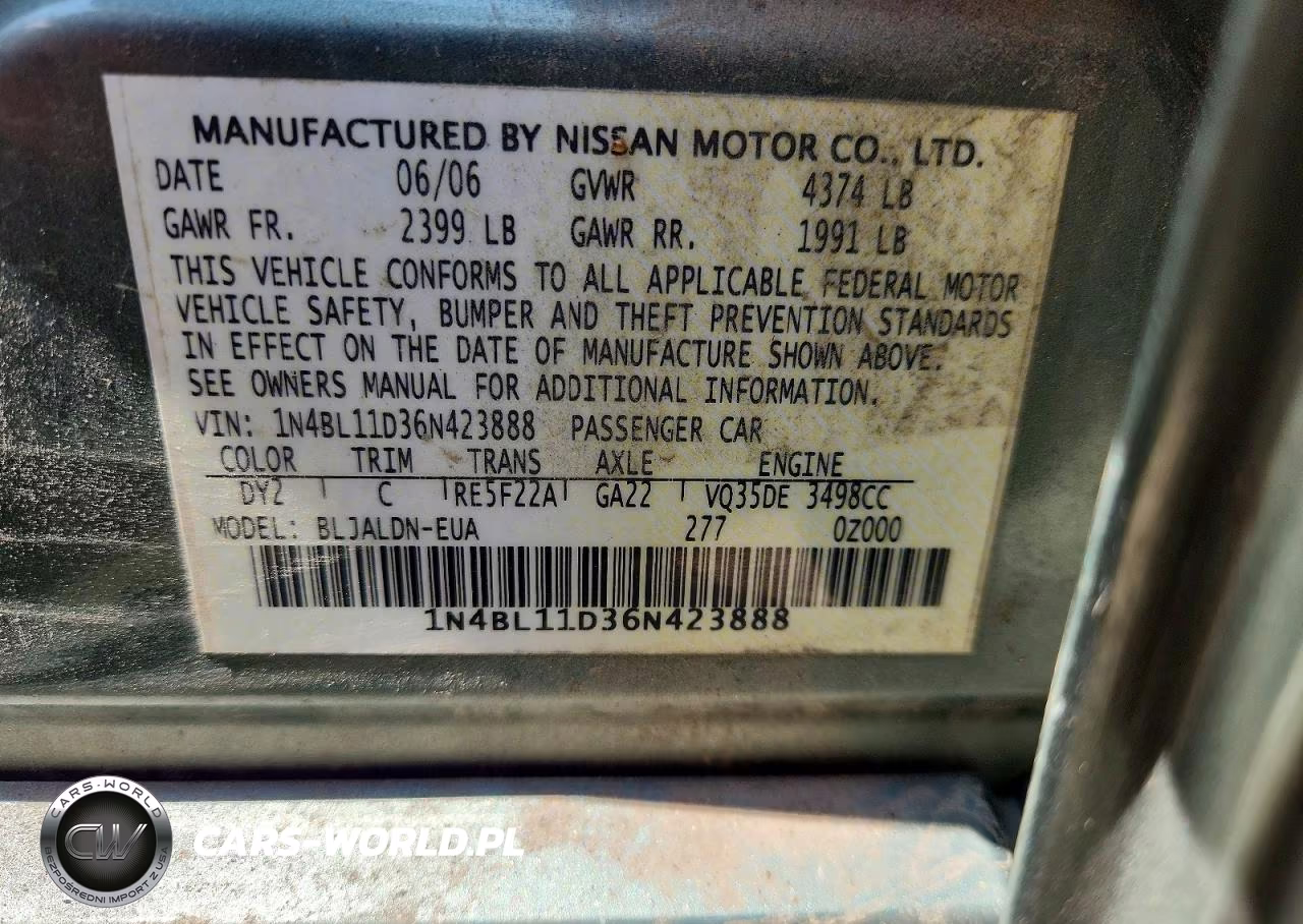 2006 Nissan Altima 3.5 Se VIN:1N4BL11D36N423888 - 12