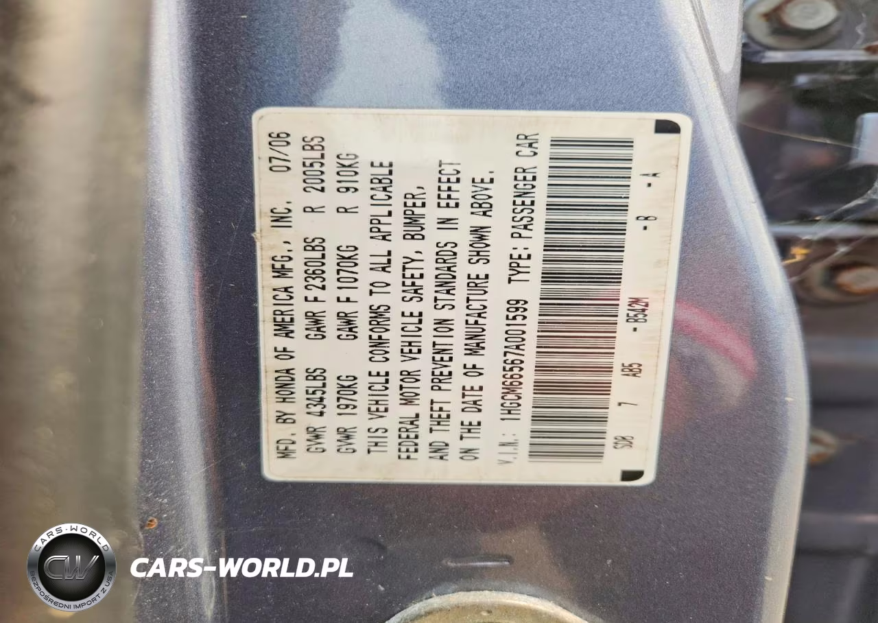 2007 Honda Accord Ex VIN:1HGCM66567A001599 - 12