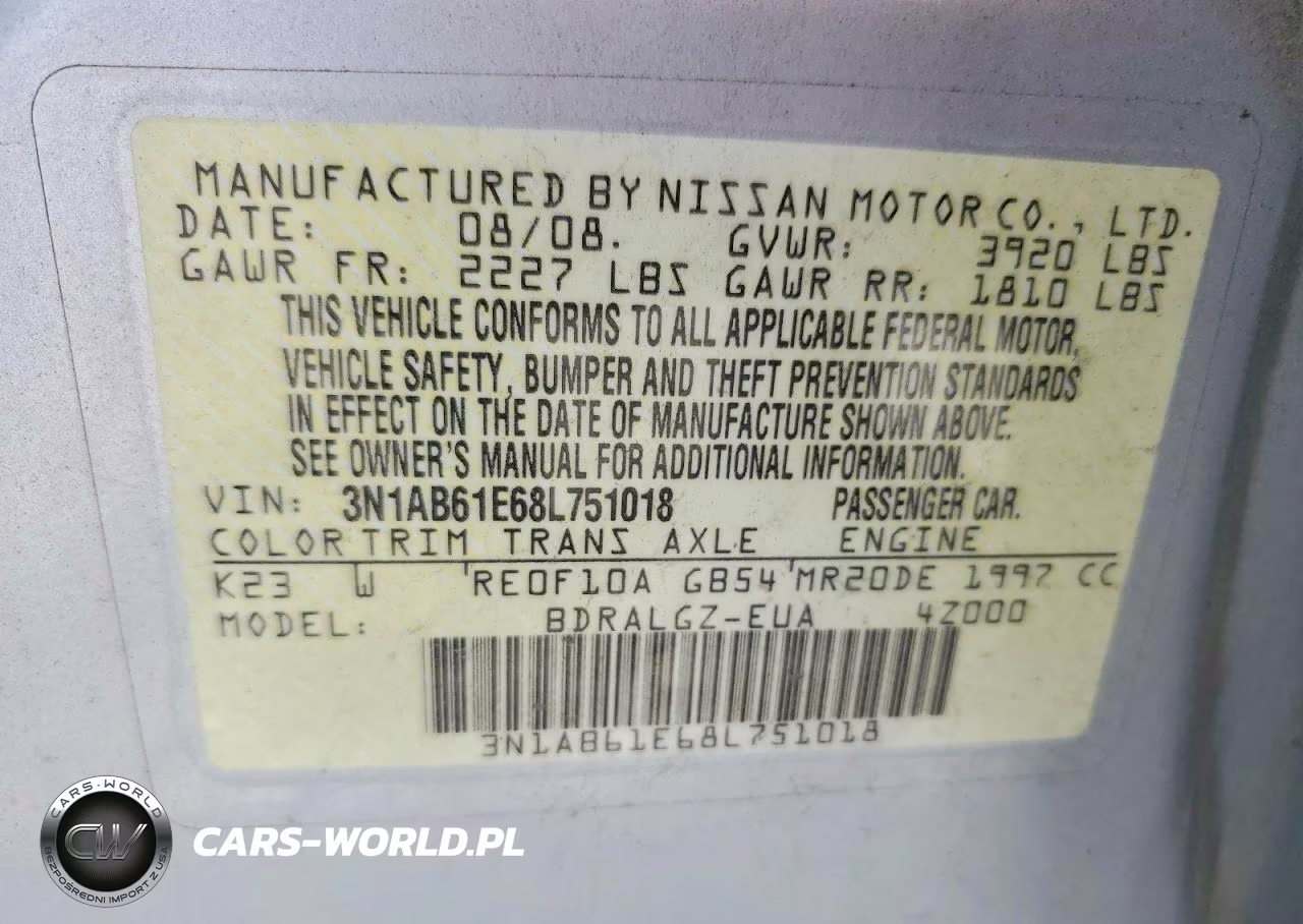 2008 Nissan Sentra 2.0 VIN:3N1AB61E68L751018 - 12