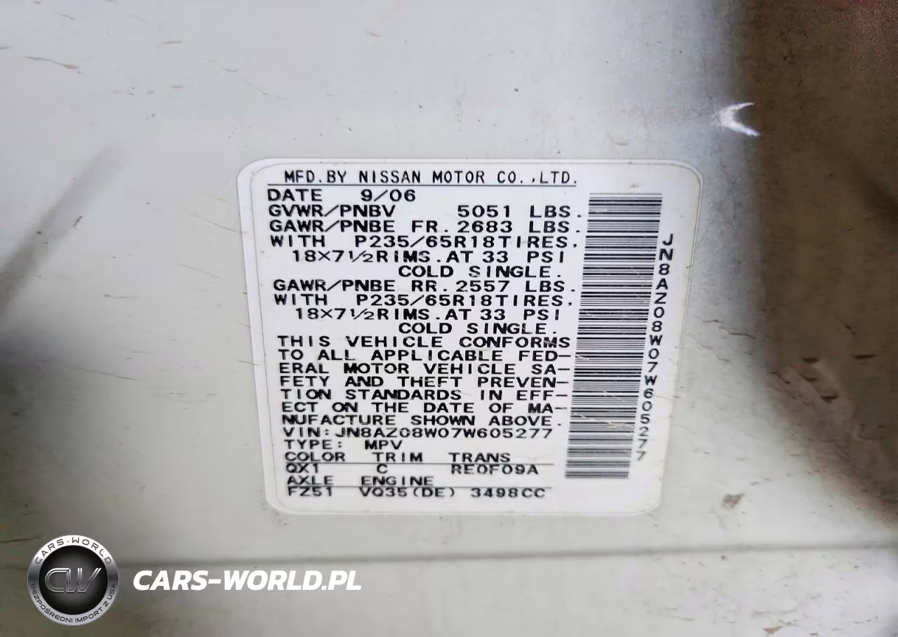 2007 Nissan Murano S VIN:JN8AZ08W07W605277 - 13