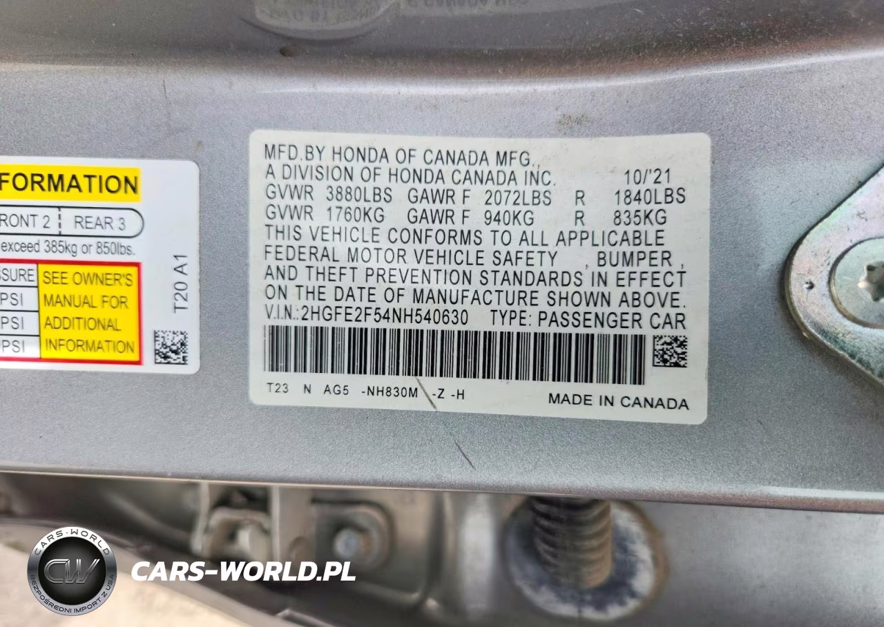 2022 Honda Civic Sport VIN:2HGFE2F54NH540630 - 12