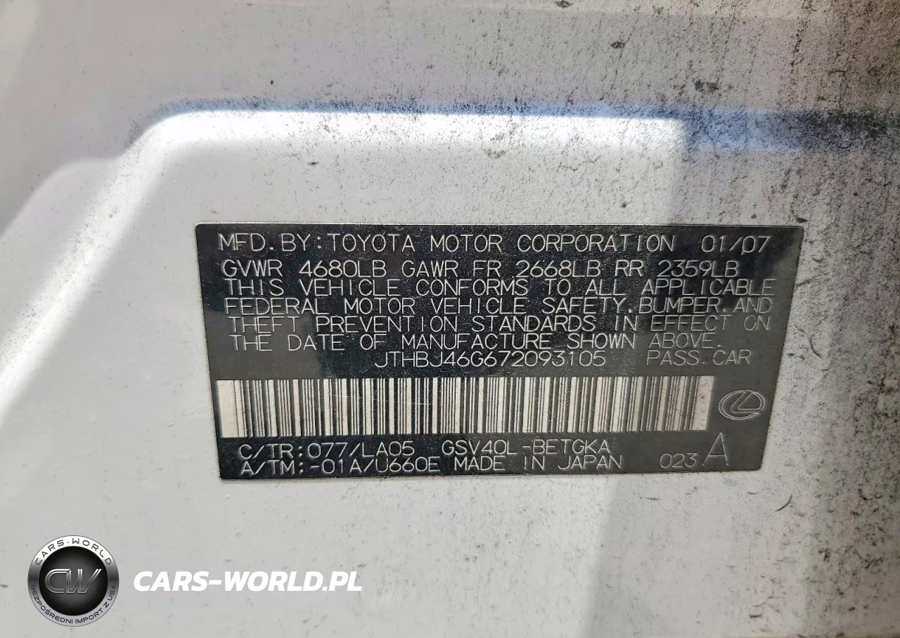2007 Lexus Es 350 VIN:JTHBJ46G672093105 - 12