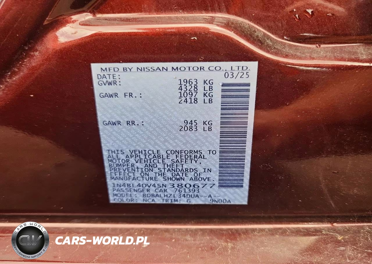 2025 Nissan Altima Sv VIN:1N4BL4DV4SN380677 - 12