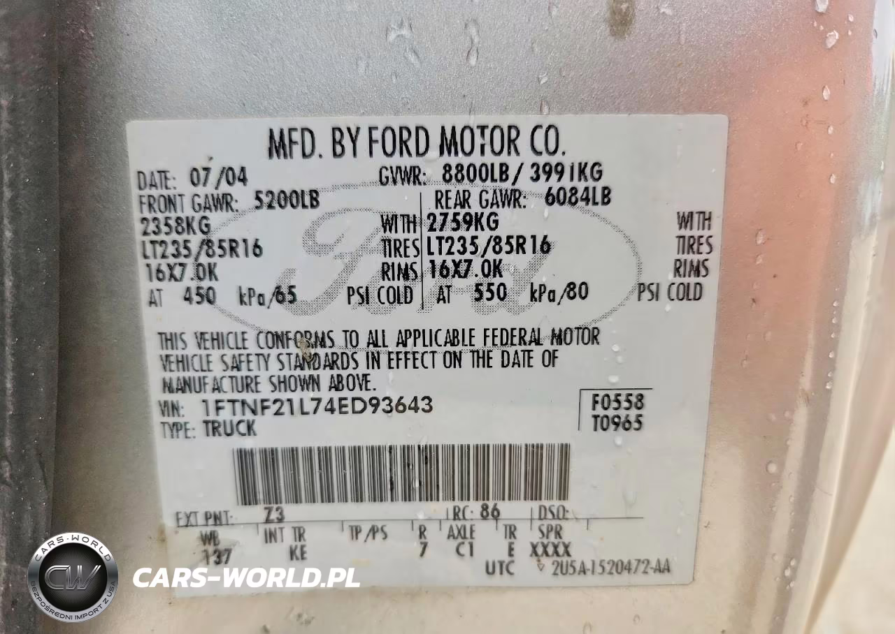 2004 Ford F250 Super Duty VIN:1FTNF21L74ED93643 - 12
