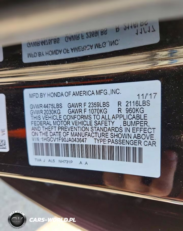 2018 Honda Accord Touring VIN:1HGCV1F90JA043647 - 12