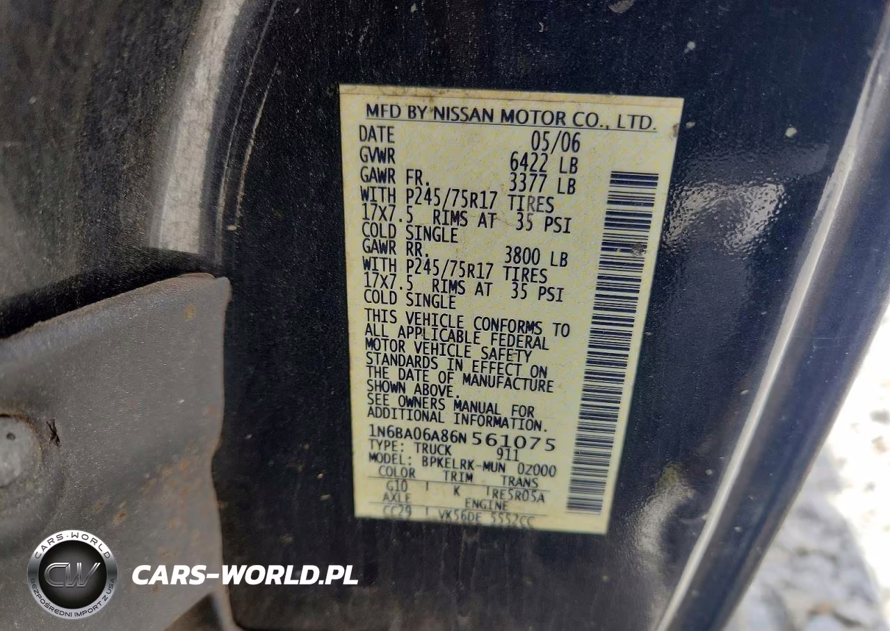 2006 Nissan Titan Xe Ffv VIN:1N6BA06A86N561075 - 12
