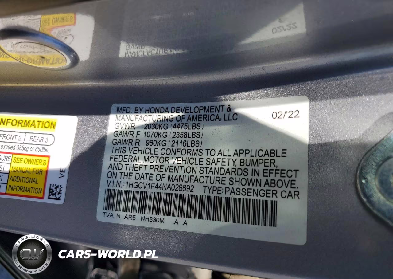 2022 Honda Accord Sport Se VIN:1HGCV1F44NA028692 - 13
