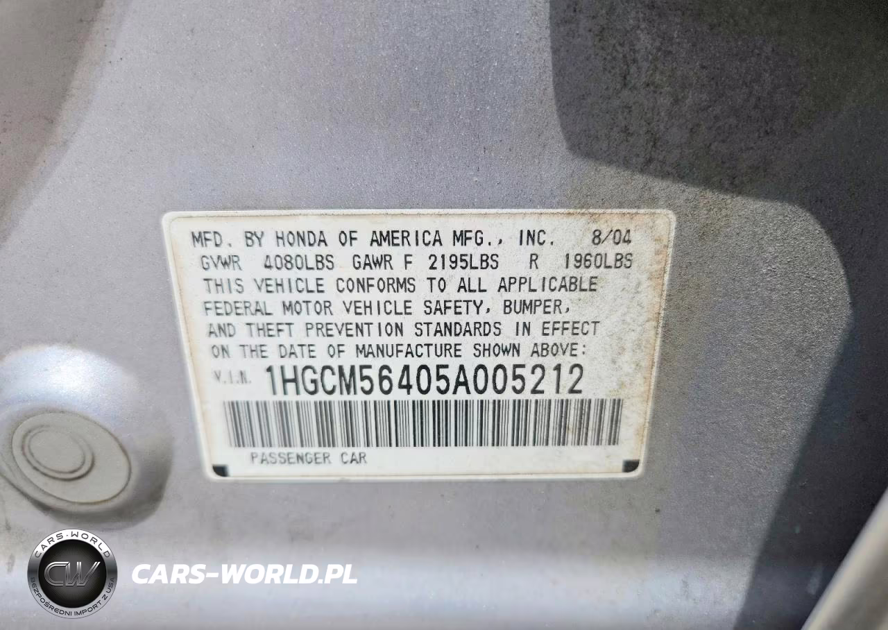 2005 Honda Accord 2.4 Lx VIN:1HGCM56405A005212 - 12