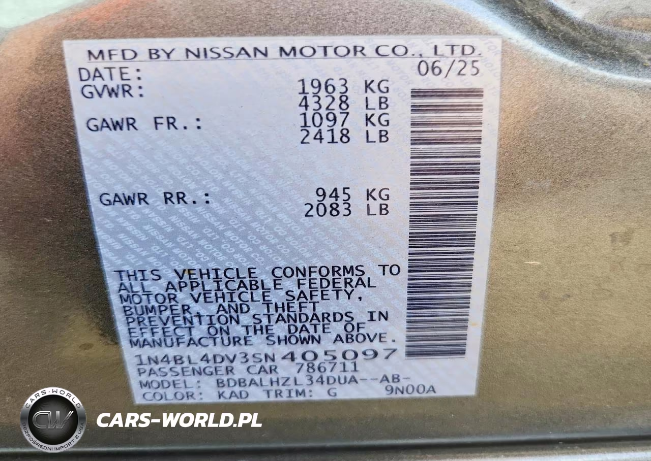 2025 Nissan Altima Sv VIN:1N4BL4DV3SN405097 - 12