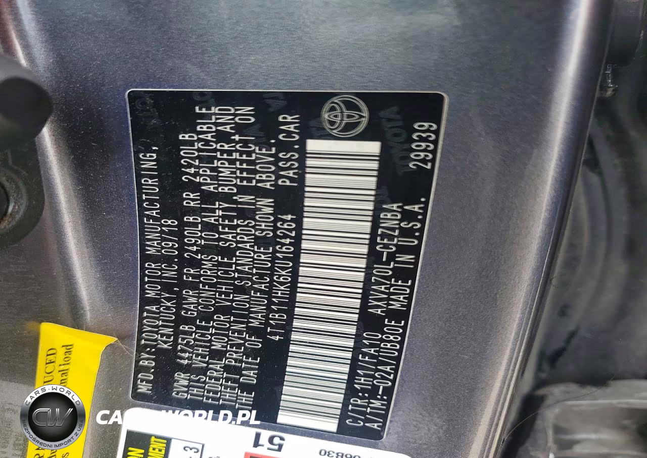 2019 Toyota Camry Le VIN:4T1B11HK6KU164264 - 12