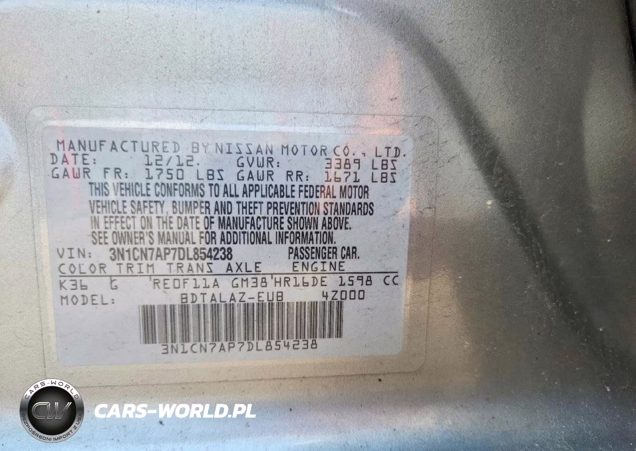 NISSAN VERSA S VIN:3N1CN7AP7DL854238 - 13