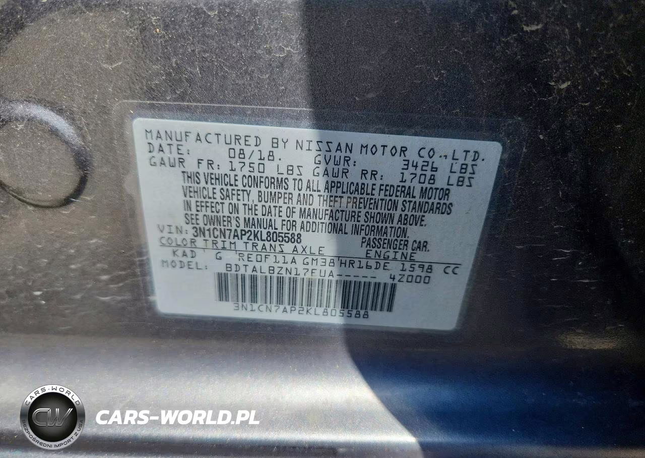 2019 Nissan Versa Sv VIN:3N1CN7AP2KL805588 - 12