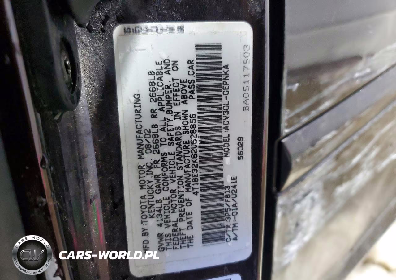 2002 Toyota Camry VIN:4T1BE32K62U628856 - 12