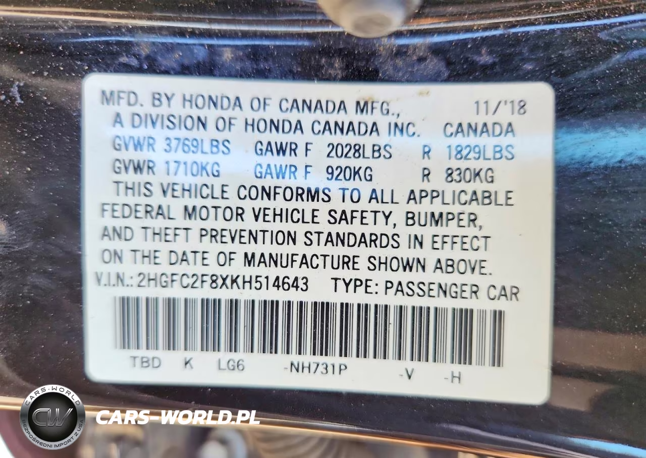 2019 Honda Civic Sport VIN:2HGFC2F8XKH514643 - 12