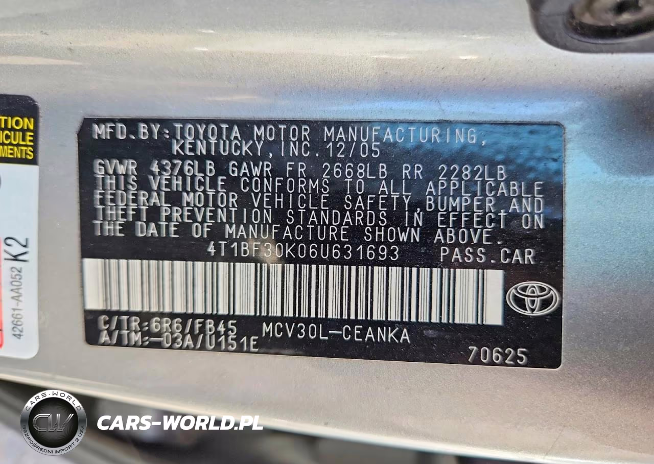 2006 Toyota Camry Le V6 VIN:4T1BF30K06U631693 - 12