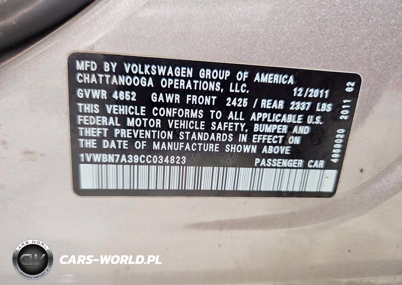2012 Volkswagen Passat Se VIN:1VWBN7A39CC034823 - 12