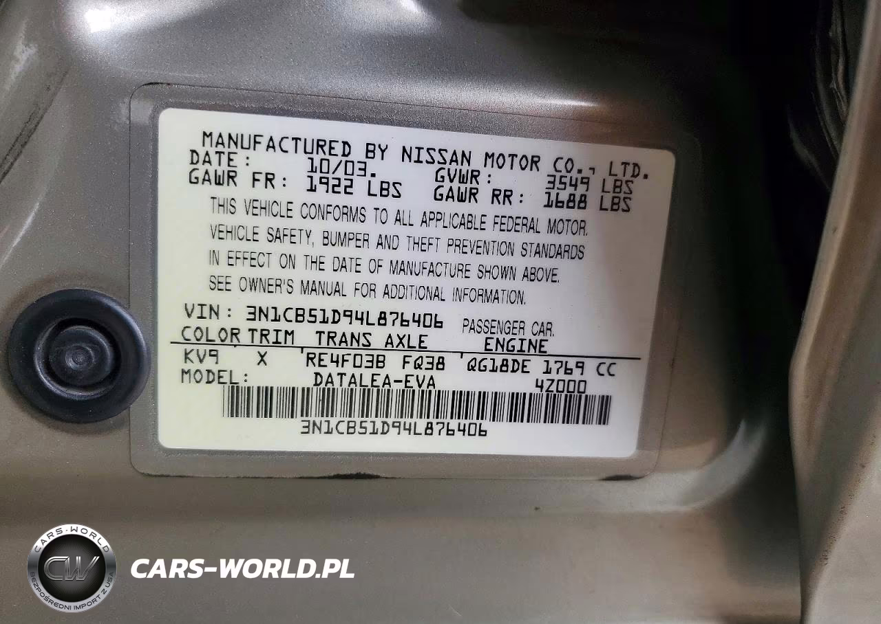 2004 Nissan Sentra 1.8 VIN:3N1CB51D94L876406 - 12