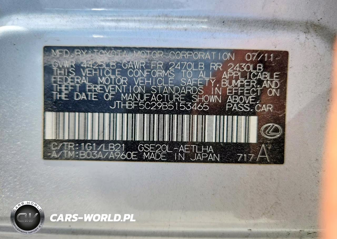 2011 Lexus Is 250 Base VIN:JTHBF5C29B5153465 - 12