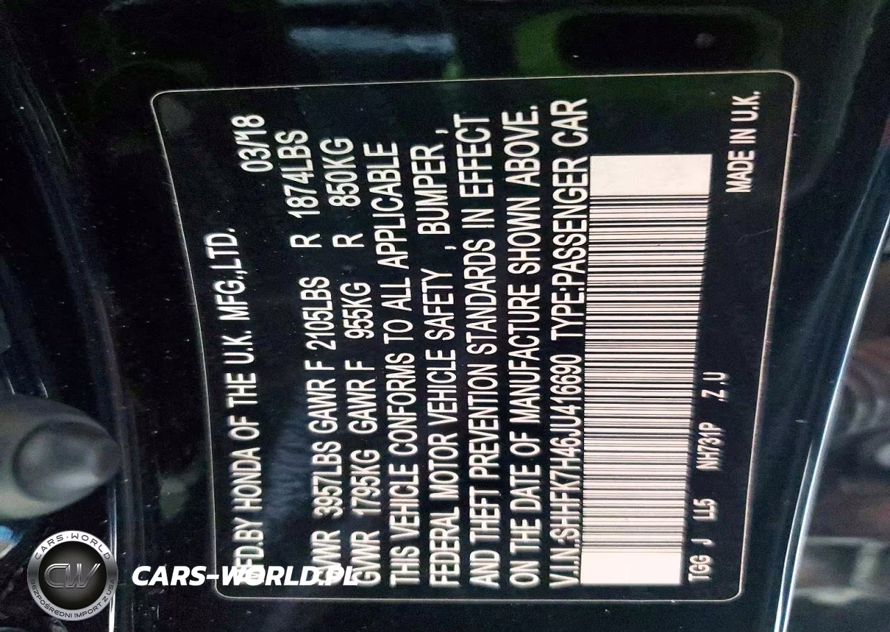 2018 Honda Civic Sport VIN:SHHFK7H46JU416690 - 14
