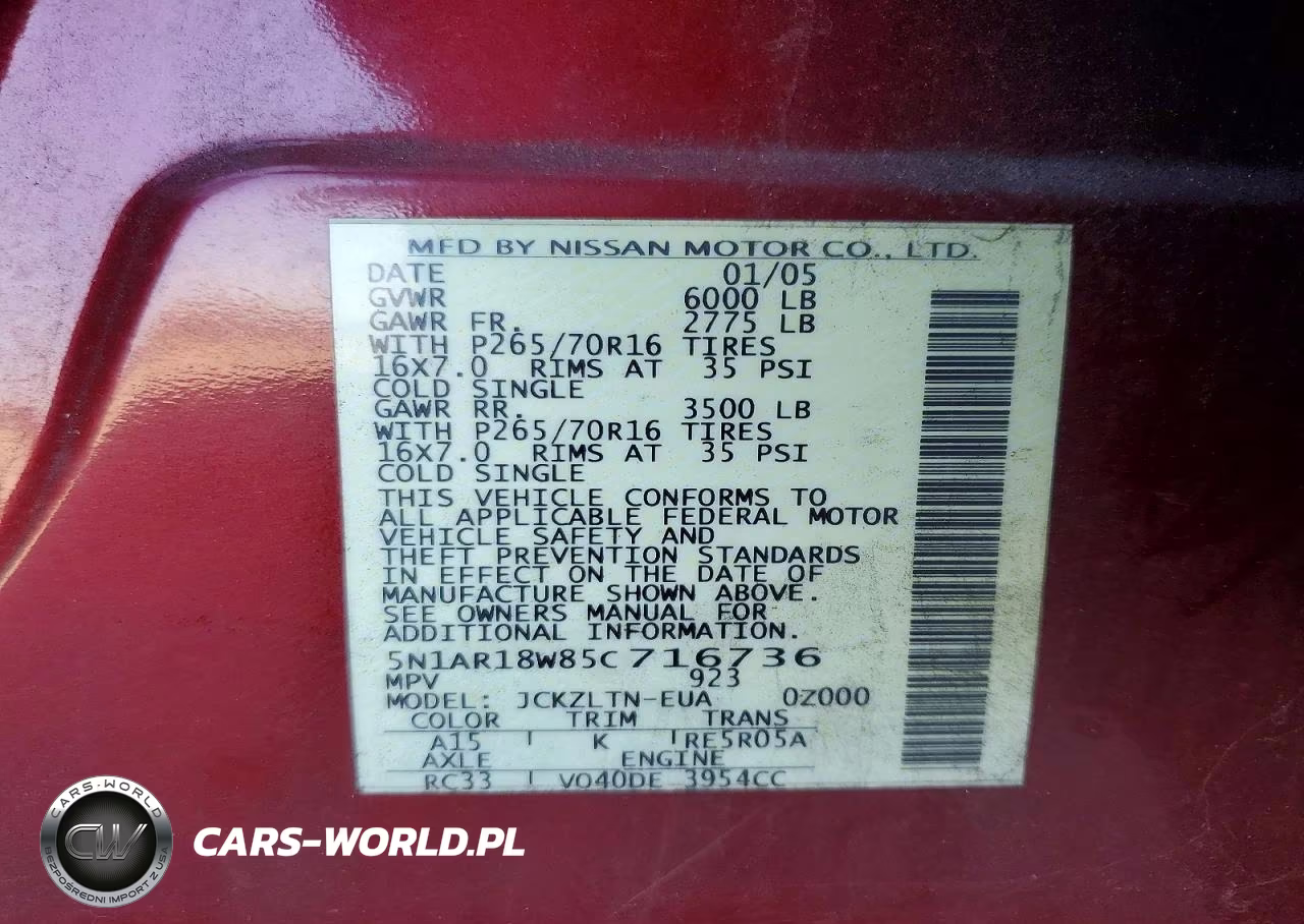 2005 Nissan Pathfinder Xe VIN:5N1AR18W85C716736 - 13