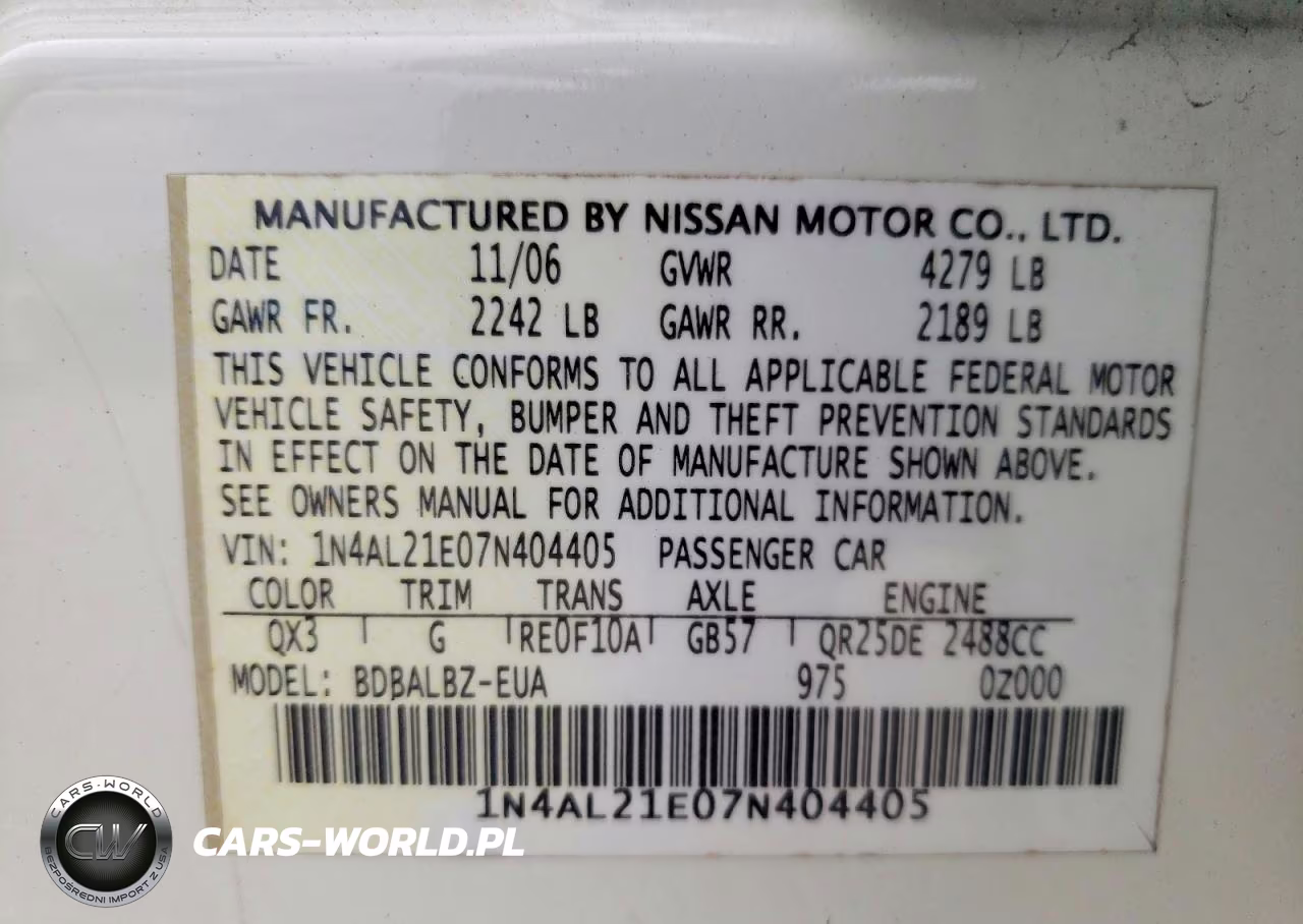 2007 Nissan Altima 2.5 VIN:1N4AL21E07N404405 - 12
