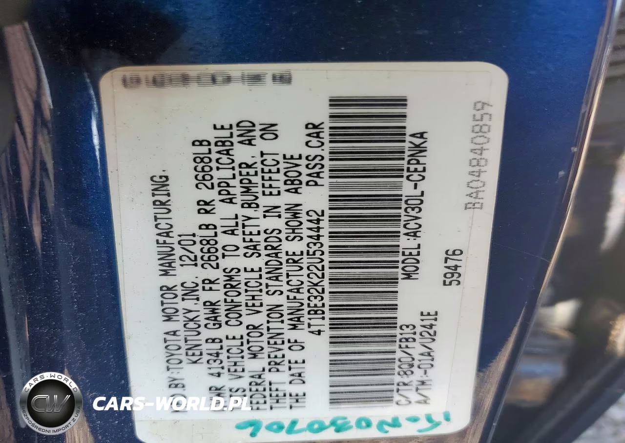 2002 Toyota Camry Le VIN:4T1BE32K22U534442 - 12