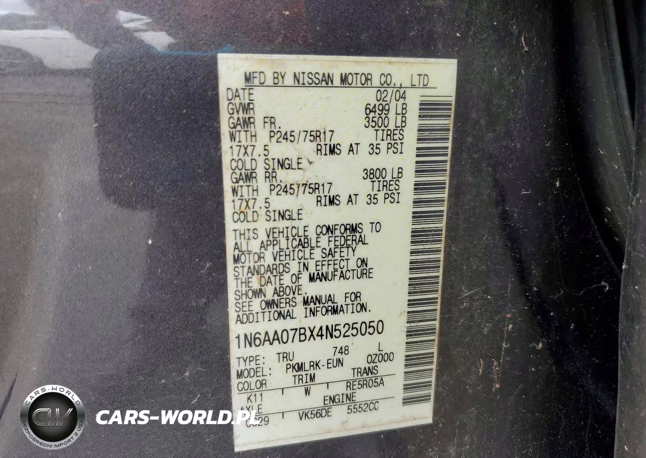 2004 Nissan Titan Xe VIN:1N6AA07BX4N525050 - 12