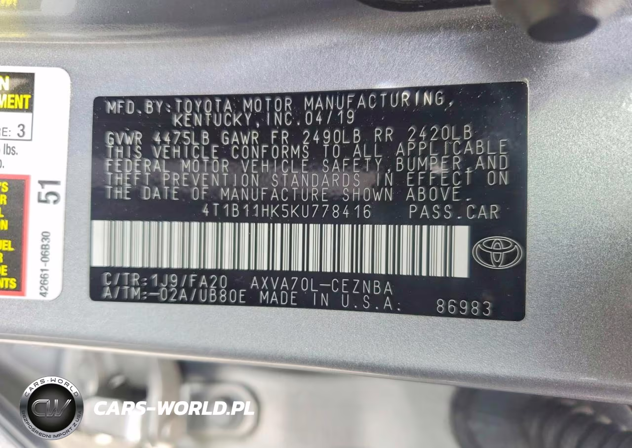2019 Toyota Camry Le VIN:4T1B11HK5KU778416 - 12