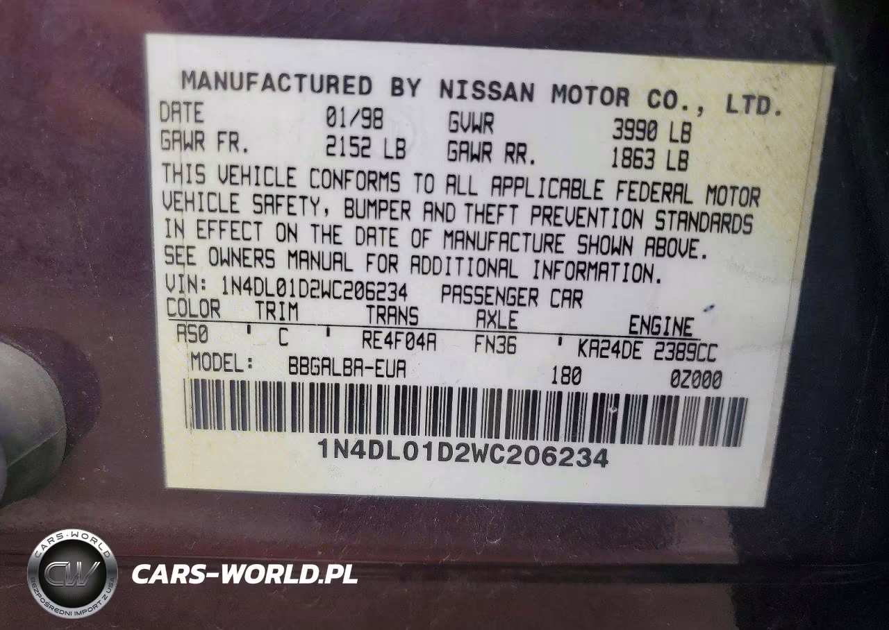 1998 Nissan Altima Xe VIN:1N4DL01D2WC206234 - 12