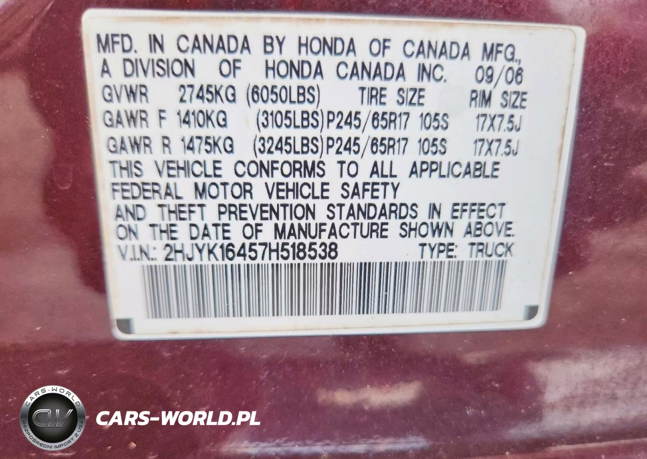 2007 Honda Ridgeline Rts VIN:2HJYK16457H518538 - 12
