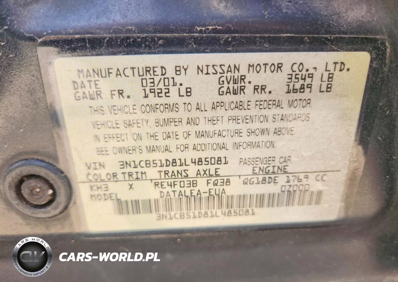 2001 Nissan Sentra Xe VIN:3N1CB51D81L485081 - 13