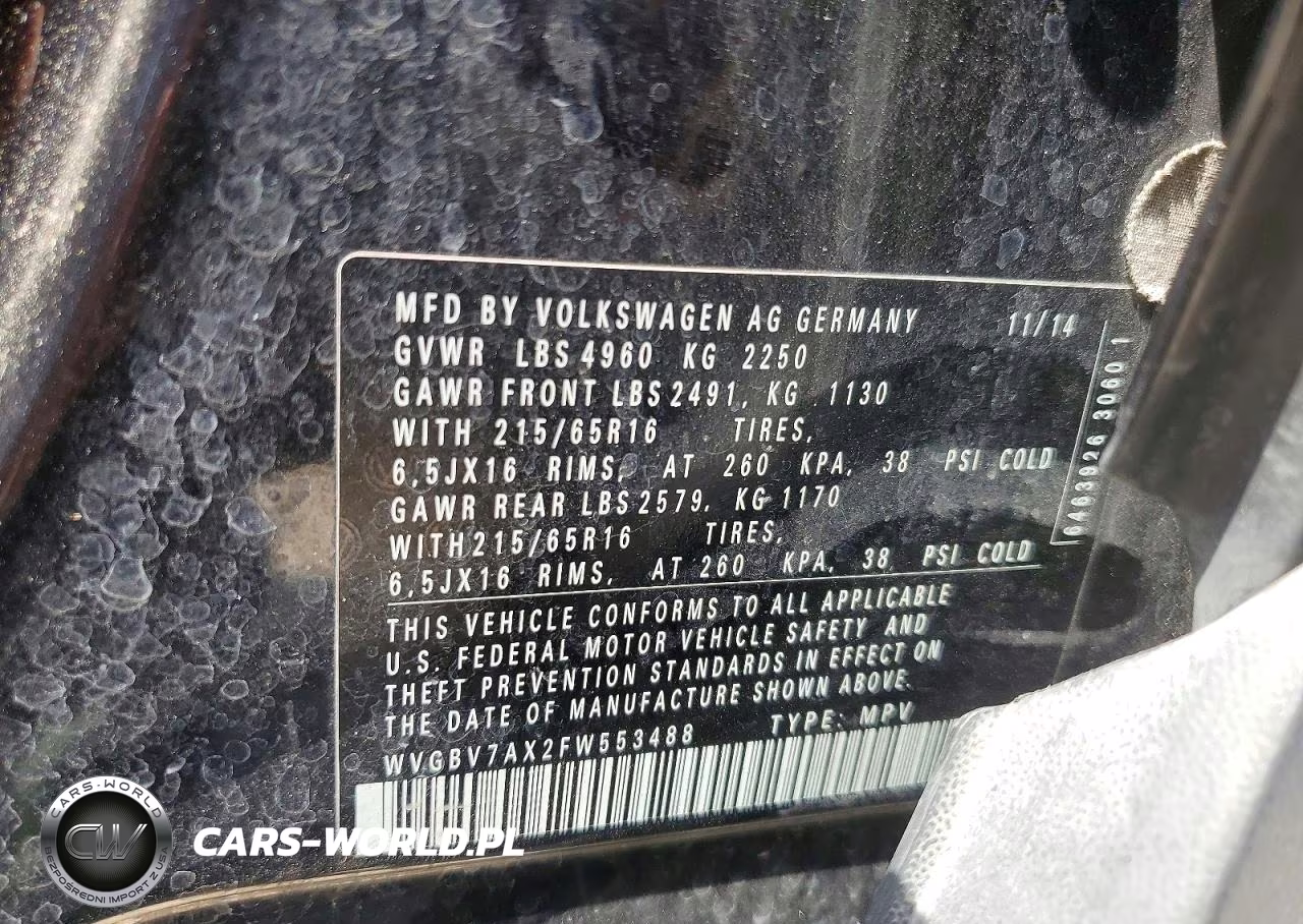 2015 Volkswagen Tiguan S VIN:WVGBV7AX2FW553488 - 14