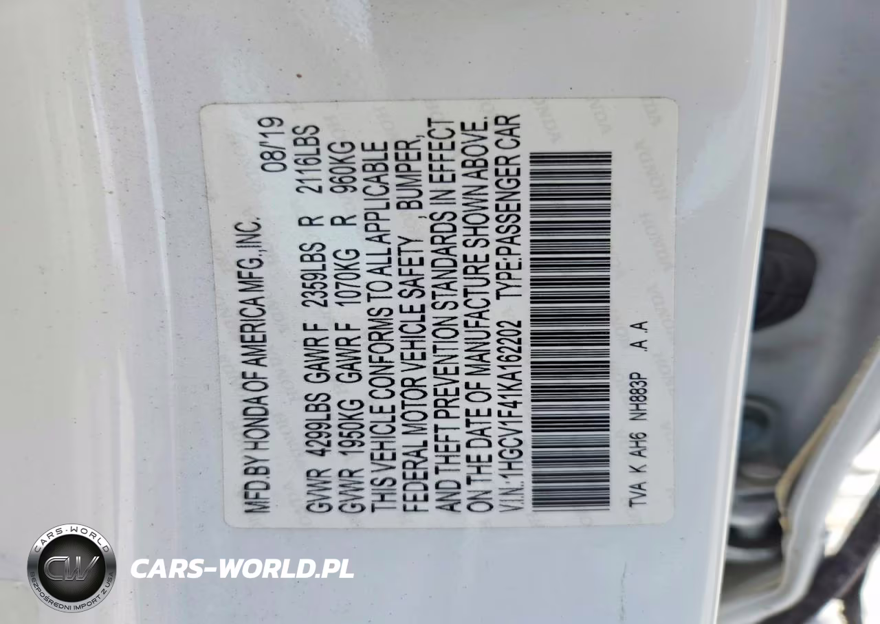 2019 Honda Accord Ex VIN:1HGCV1F41KA162202 - 12