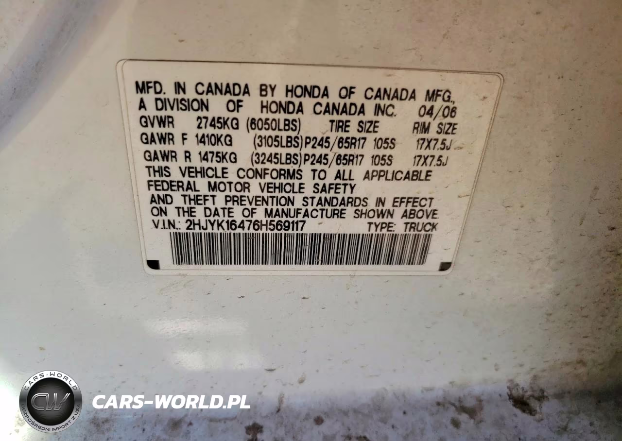 2006 Honda Ridgeline Rts VIN:2HJYK16476H569117 - 12