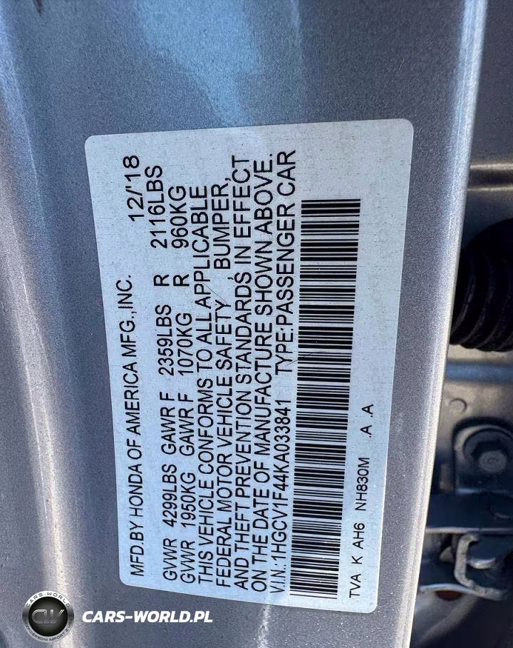 2019 Honda Accord Ex VIN:1HGCV1F44KA033841 - 10