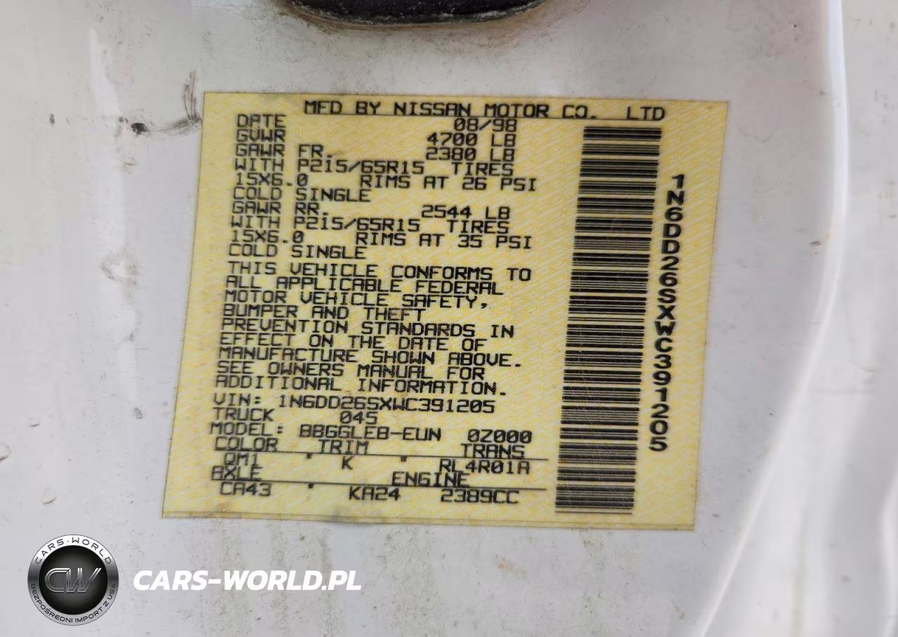 1998 Nissan Frontier Xe VIN:1N6DD26SXWC391205 - 12