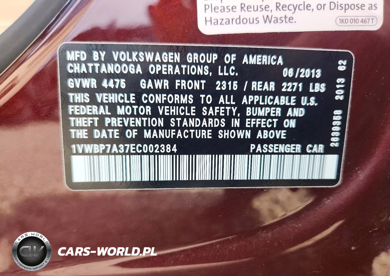 2014 Volkswagen Passat Se VIN:1VWBP7A37EC002384 - 12