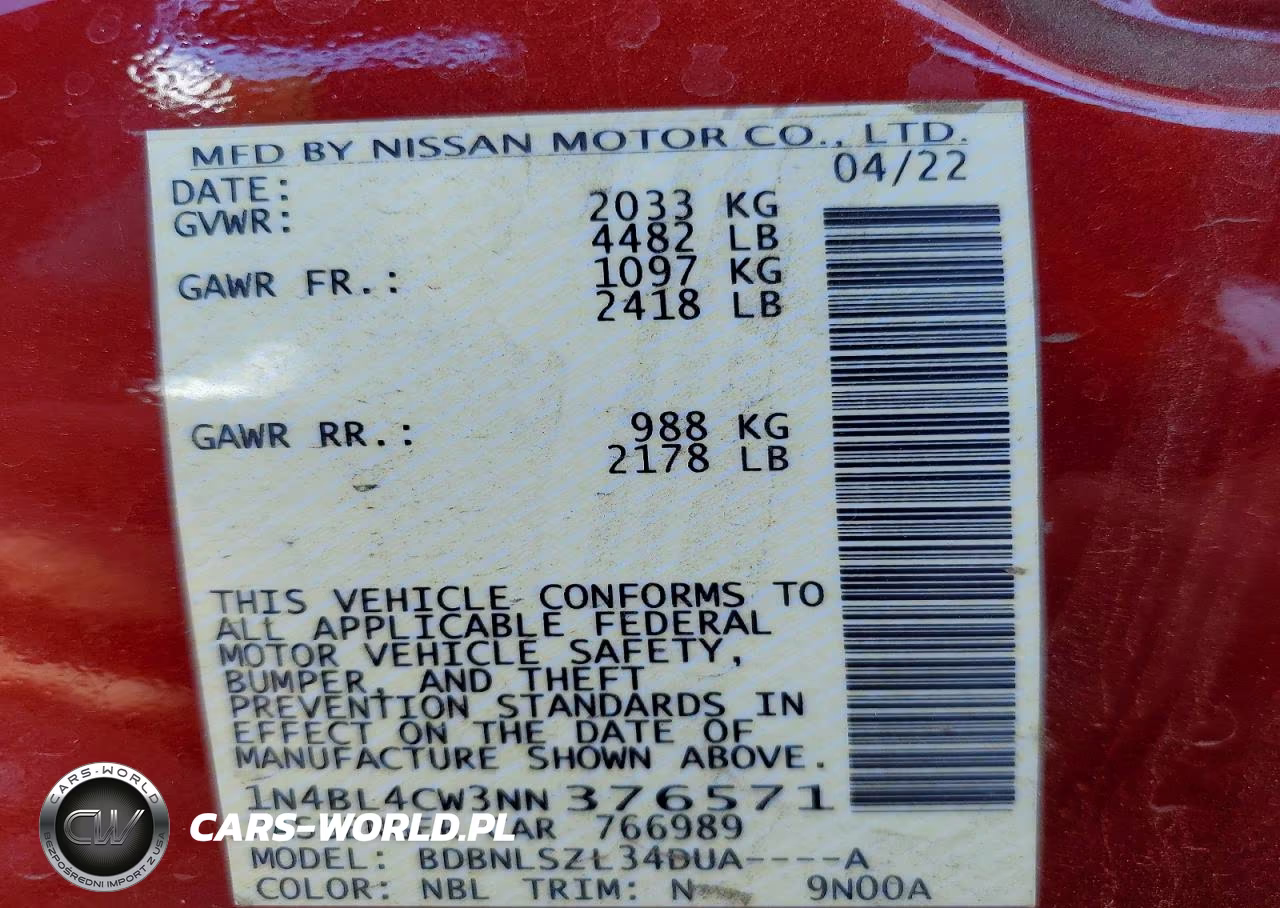 2022 Nissan Altima Sr VIN:1N4BL4CW3NN376571 - 12