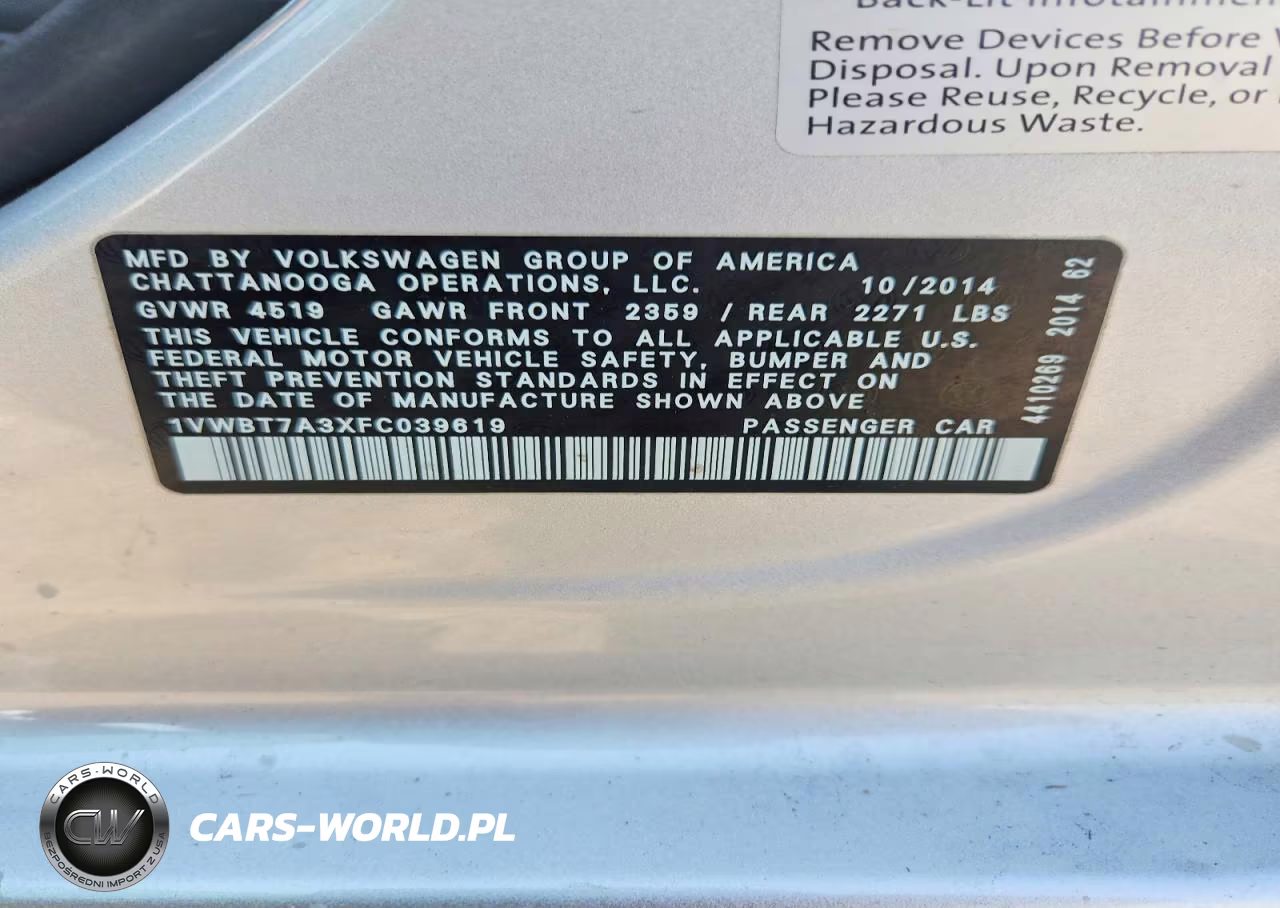 2015 Volkswagen Passat Se VIN:1VWBT7A3XFC039619 - 12