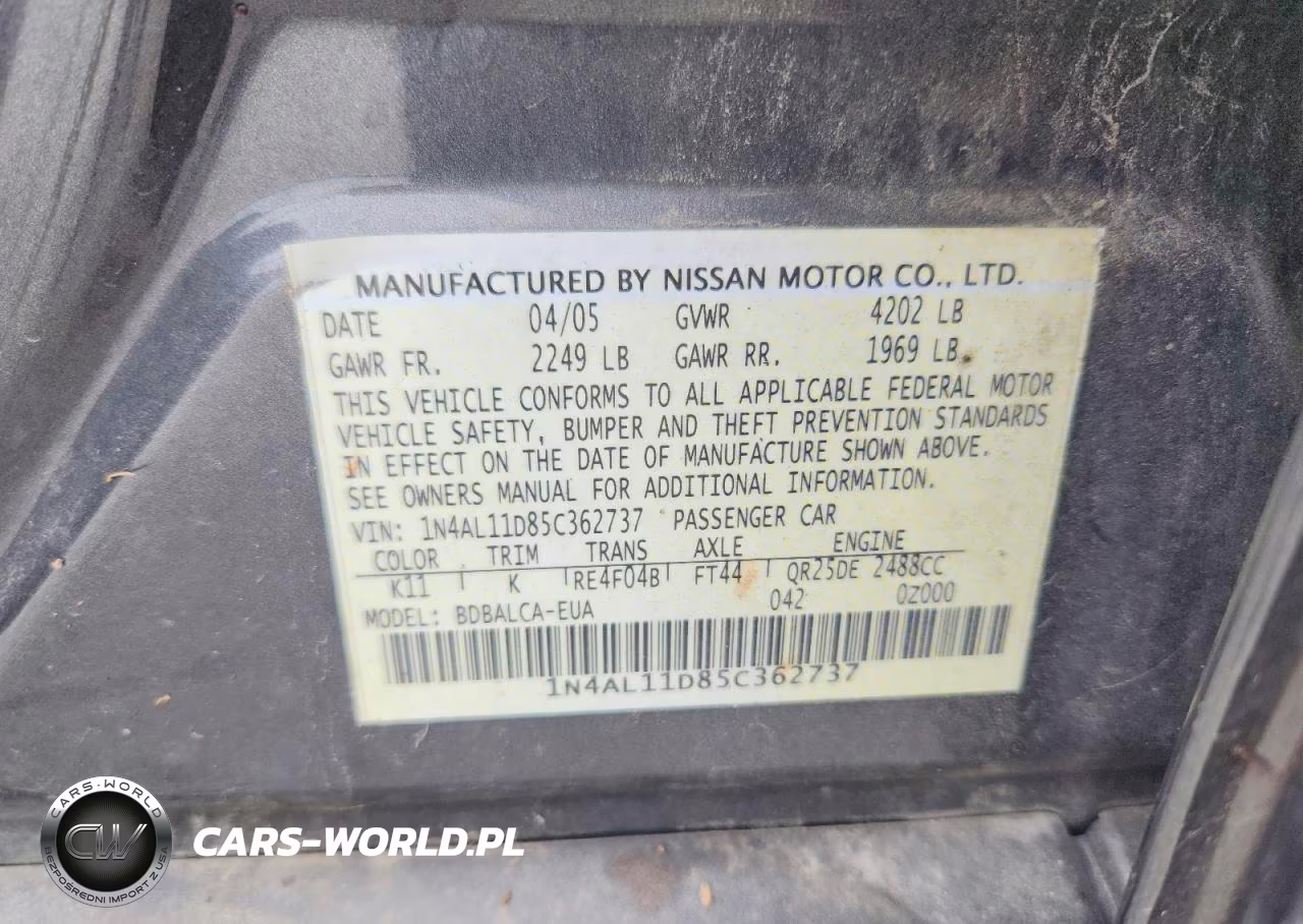 2005 Nissan Altima 2.5 VIN:1N4AL11D85C362737 - 12