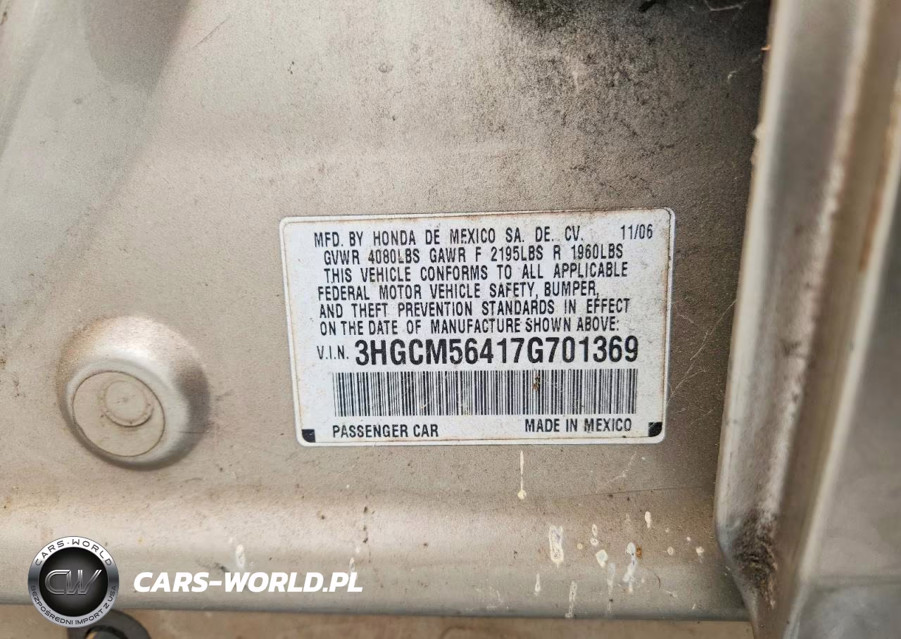 2007 Honda Accord Lx VIN:3HGCM56417G701369 - 12