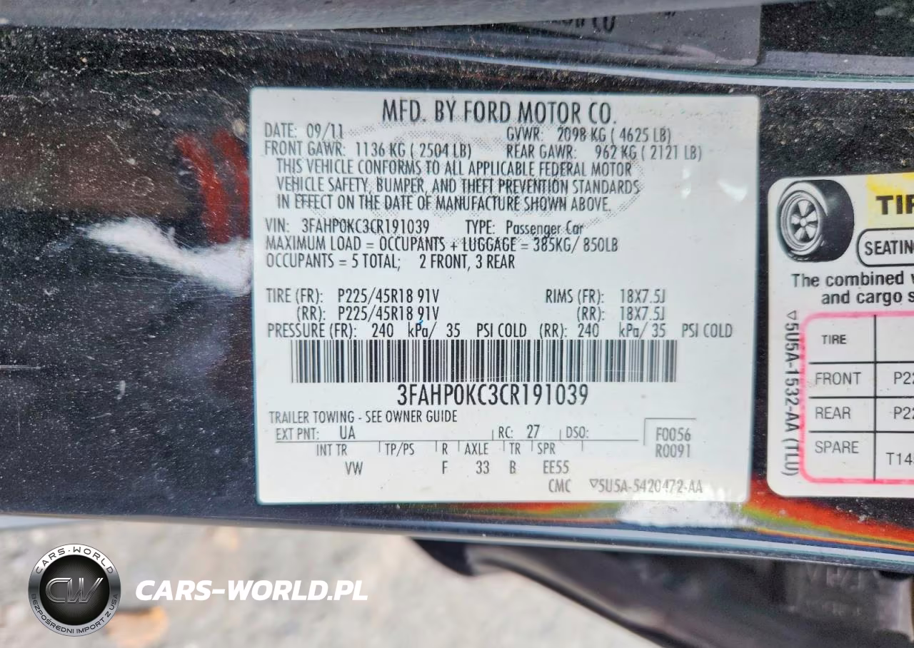 2012 Ford Fusion Sport VIN:3FAHP0KC3CR191039 - 12
